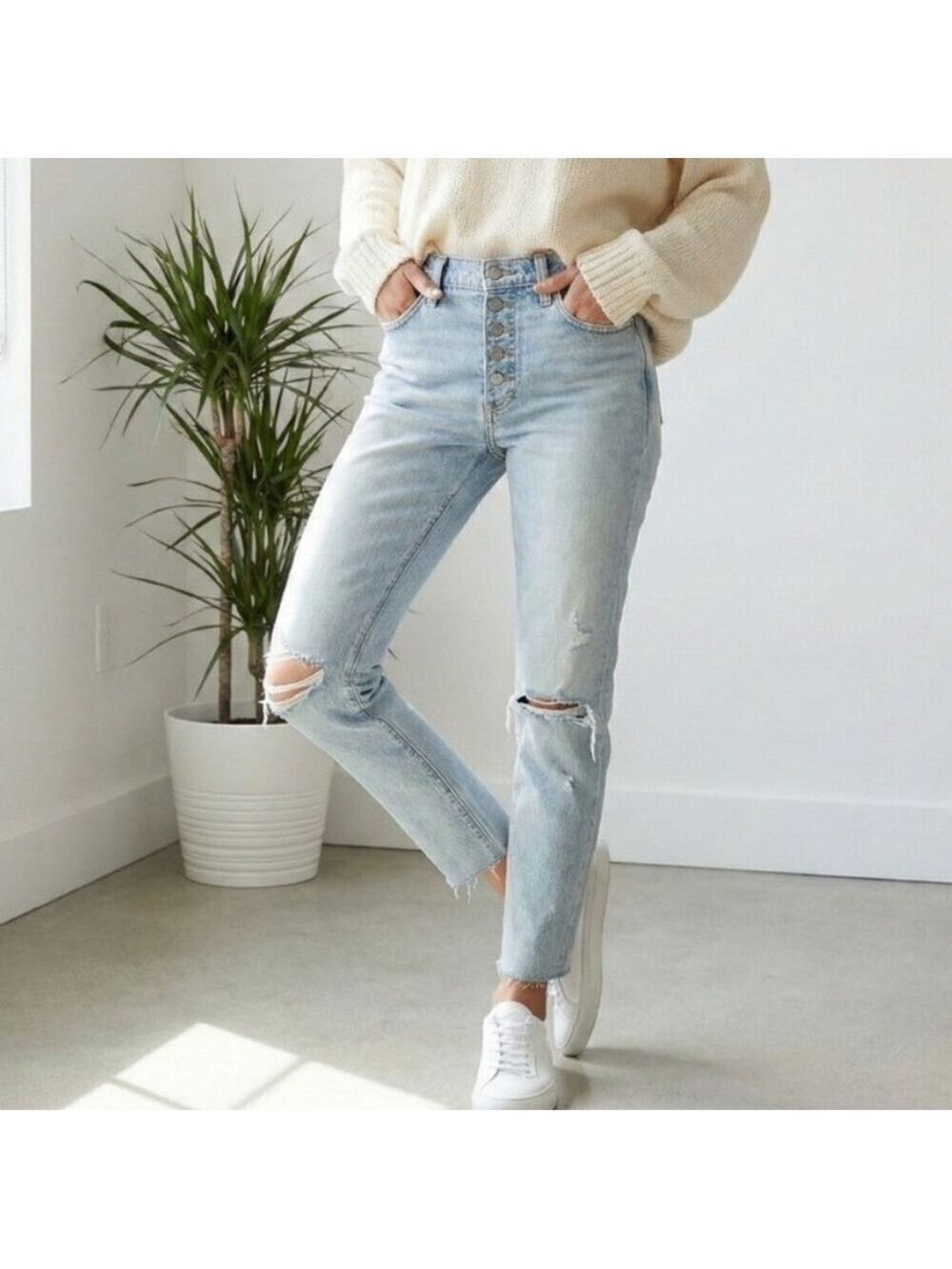 Denim Forum The Yoko High Rise Slim Ripped Button-fly Jeans SZ 28